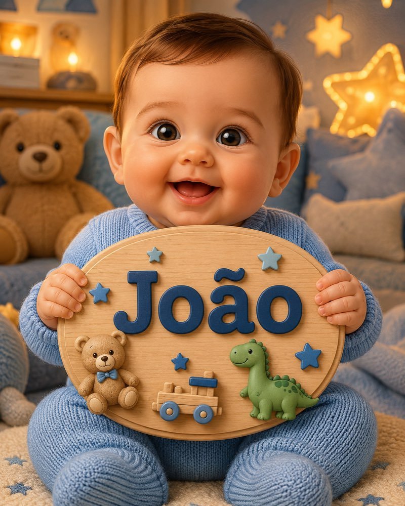 Ilustração de bebê segurando plaquinha com o nome João
