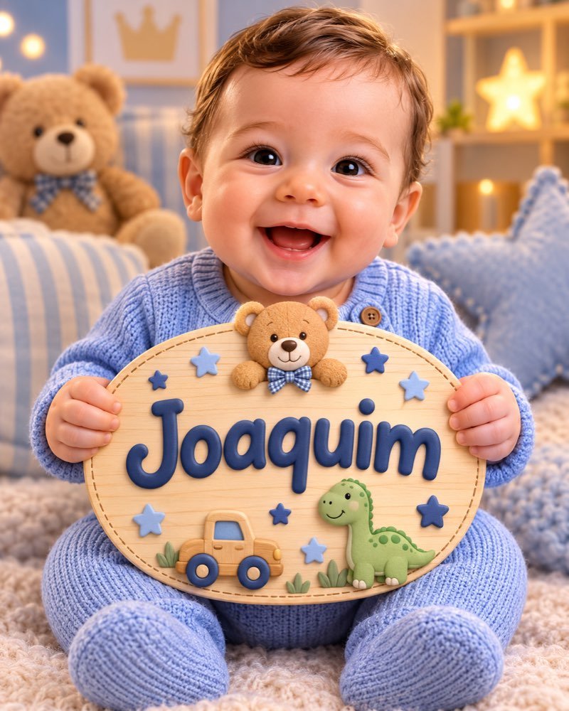 Ilustração de bebê segurando plaquinha com o nome Joaquim