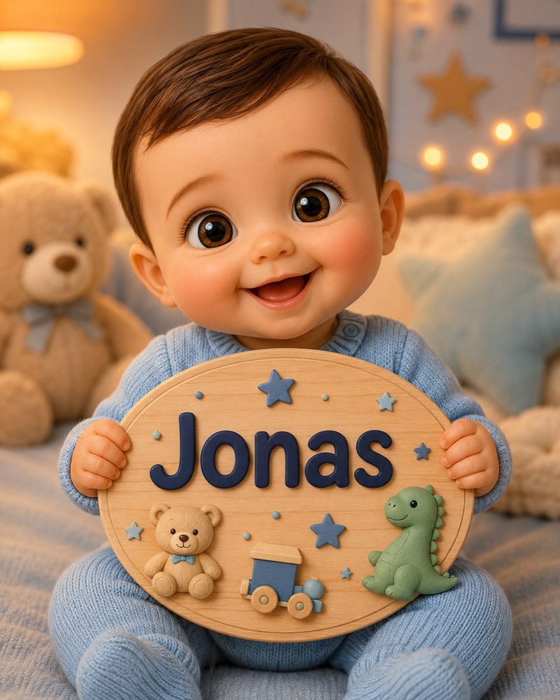 Ilustração de bebê segurando plaquinha com o nome Jonas