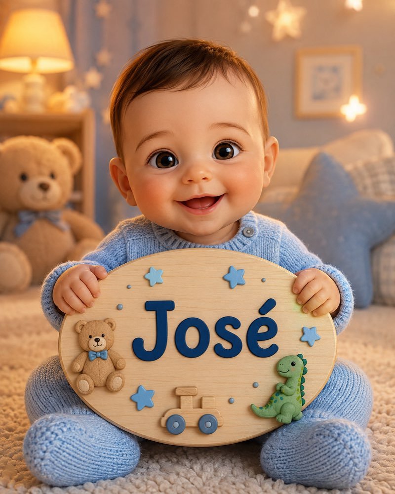 Ilustração de bebê segurando plaquinha com o nome José