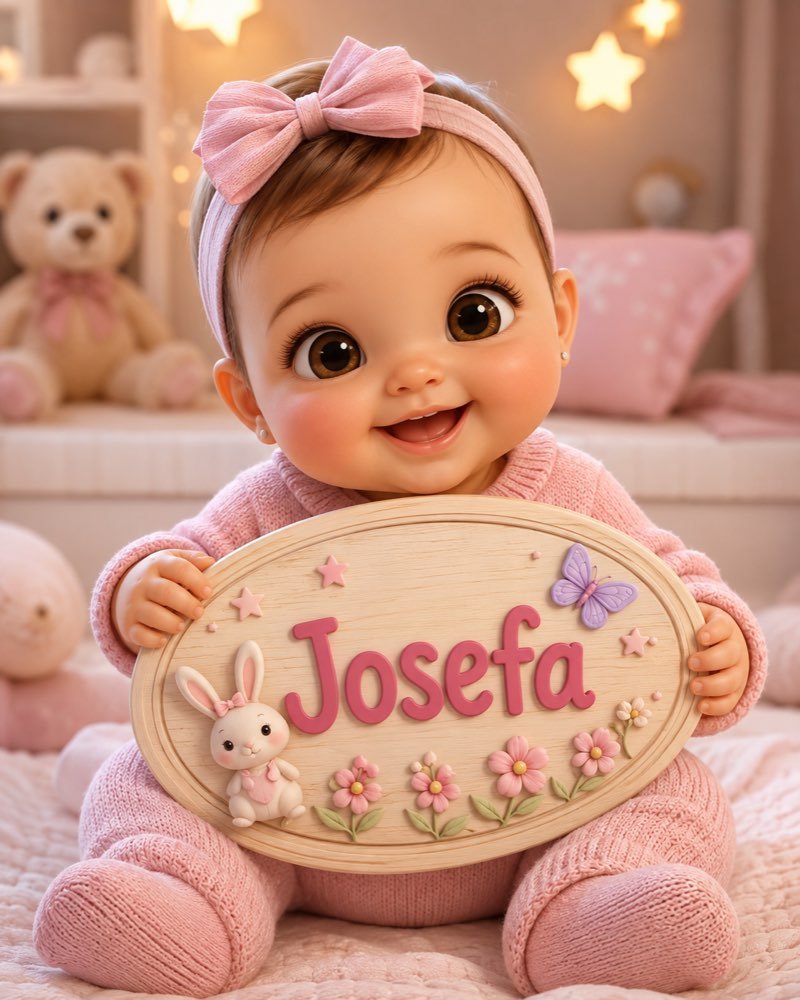 Ilustração de bebê segurando plaquinha com o nome Josefa