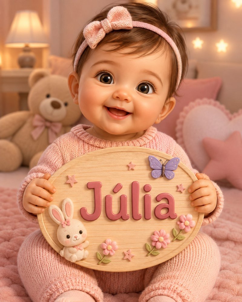 Ilustração de bebê segurando plaquinha com o nome Júlia