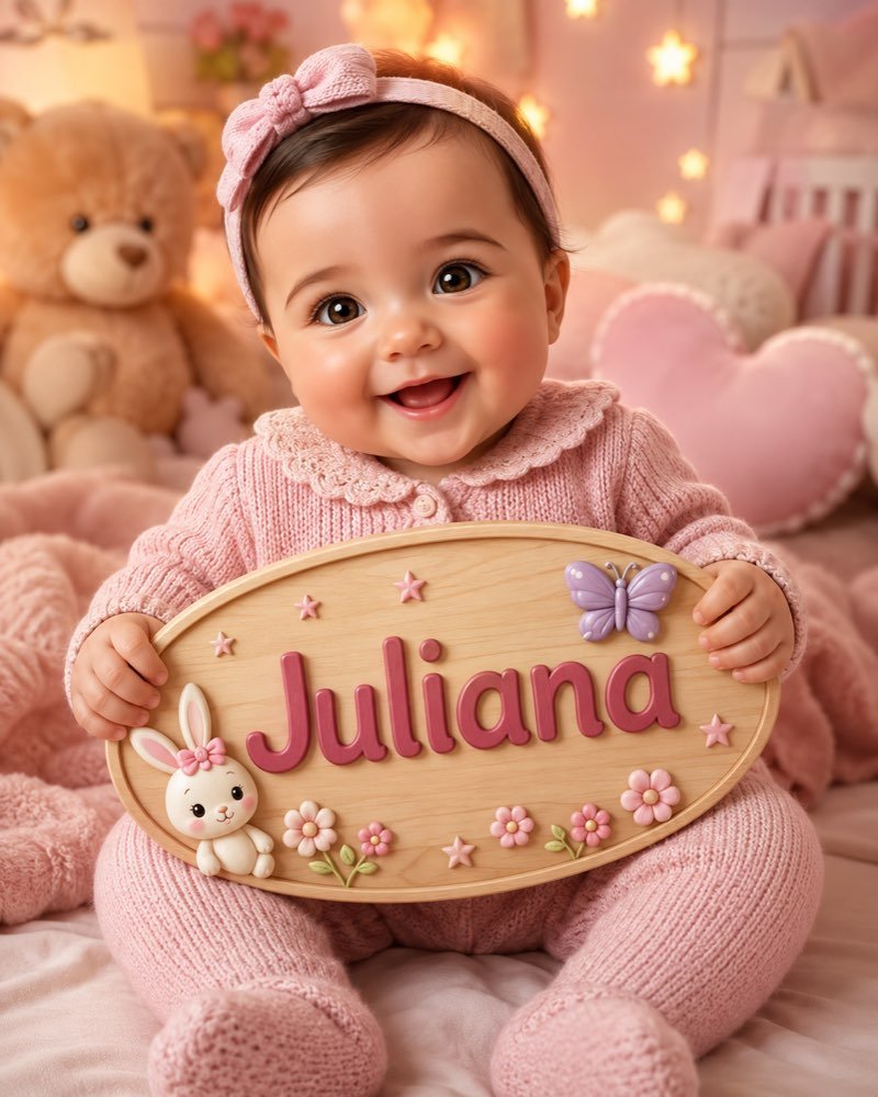 Ilustração de bebê segurando plaquinha com o nome Juliana