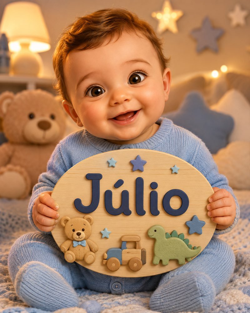 Ilustração de bebê segurando plaquinha com o nome Júlio
