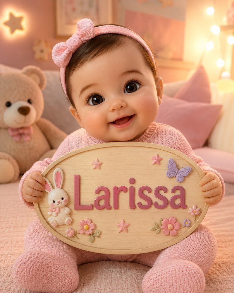 Ilustração de bebê segurando plaquinha com o nome Larissa