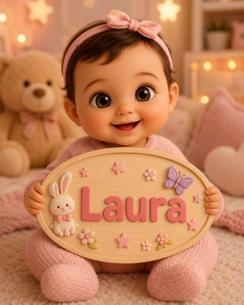 Ilustração de bebê segurando plaquinha com o nome Laura
