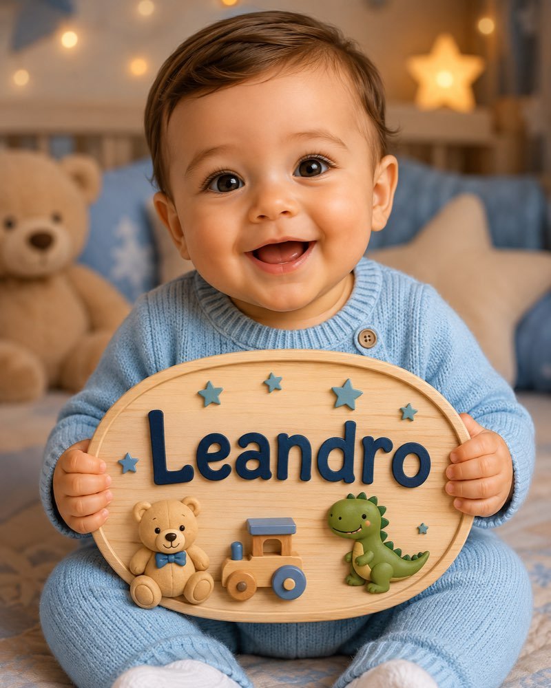 Ilustração de bebê segurando plaquinha com o nome Leandro
