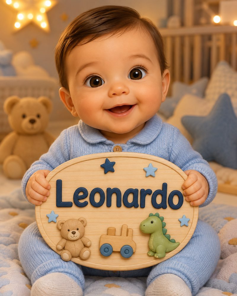 Ilustração de bebê segurando plaquinha com o nome Leonardo