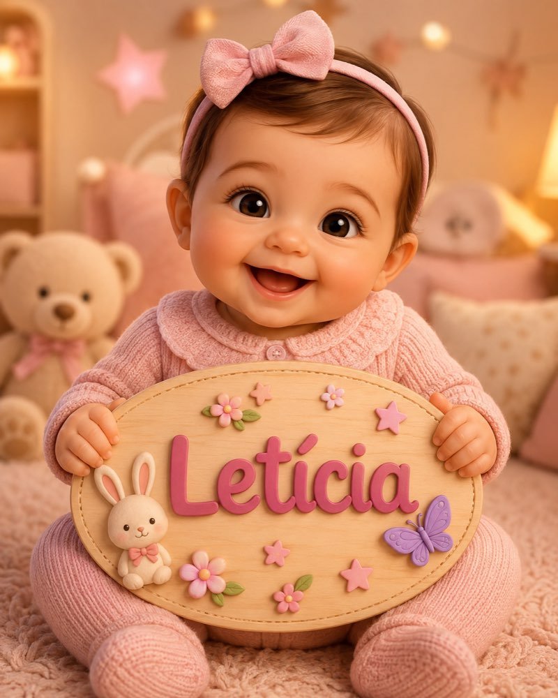 Ilustração de bebê segurando plaquinha com o nome Letícia