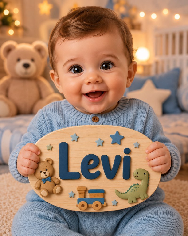 Ilustração de bebê segurando plaquinha com o nome Levi