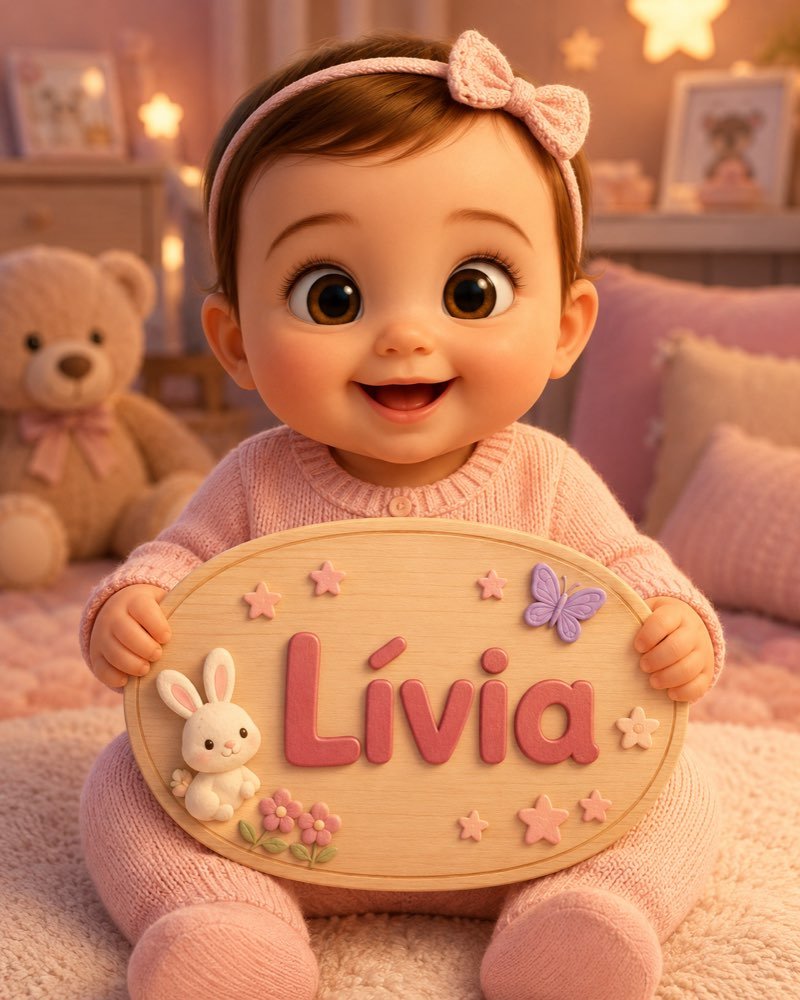 Ilustração de bebê segurando plaquinha com o nome Lívia
