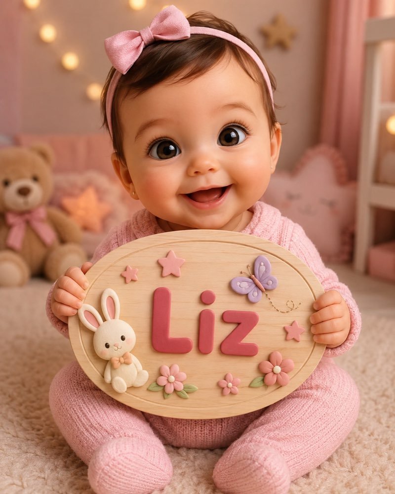 Ilustração de bebê segurando plaquinha com o nome Liz