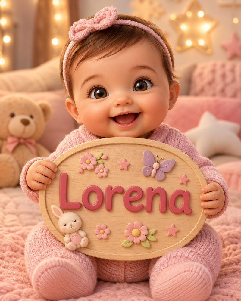 Ilustração de bebê segurando plaquinha com o nome Lorena
