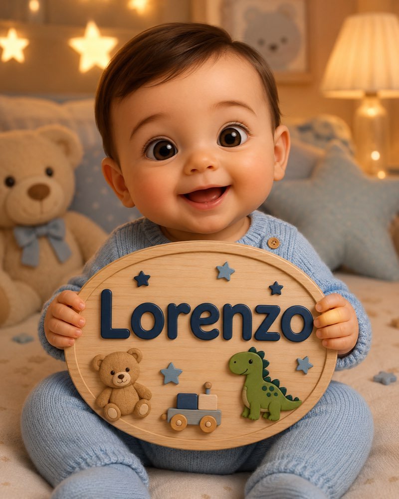 Ilustração de bebê segurando plaquinha com o nome Lorenzo
