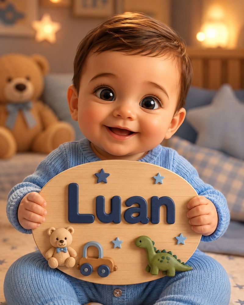 Ilustração de bebê segurando plaquinha com o nome Luan