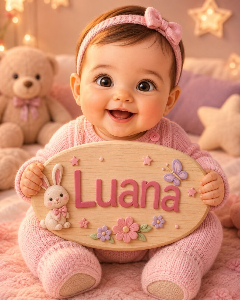 Ilustração de bebê segurando plaquinha com o nome Luana