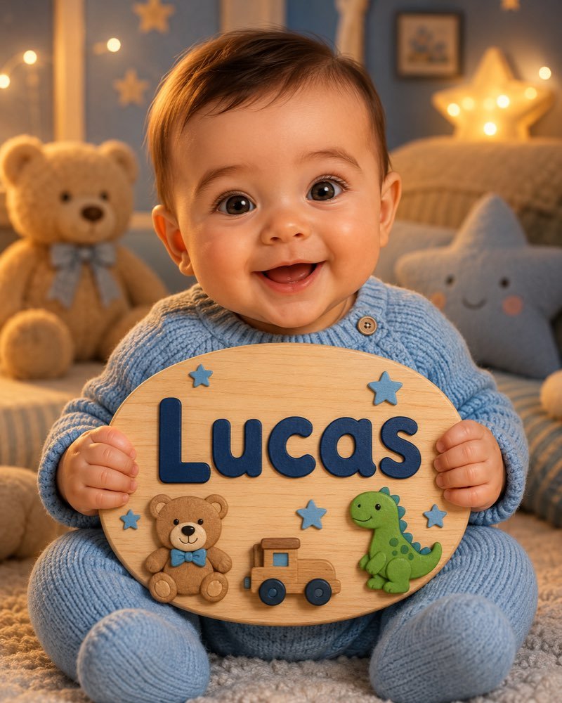 Ilustração de bebê segurando plaquinha com o nome Lucas