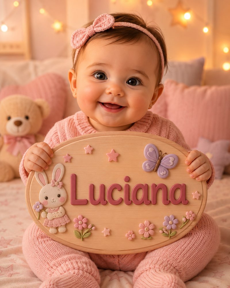 Ilustração de bebê segurando plaquinha com o nome Luciana