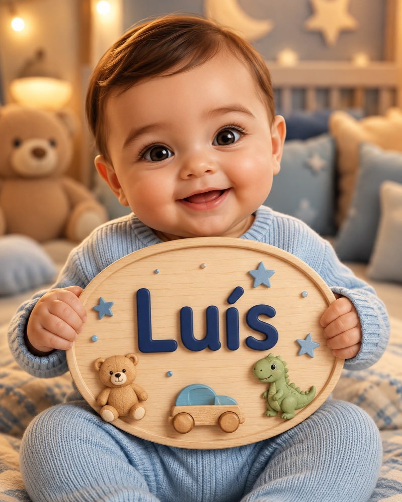 Ilustração de bebê segurando plaquinha com o nome Luís