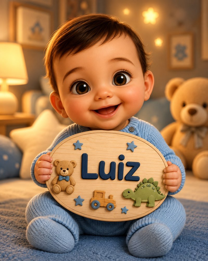 Ilustração de bebê segurando plaquinha com o nome Luiz