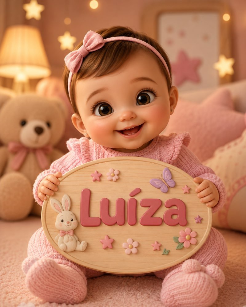 Ilustração de bebê segurando plaquinha com o nome Luíza