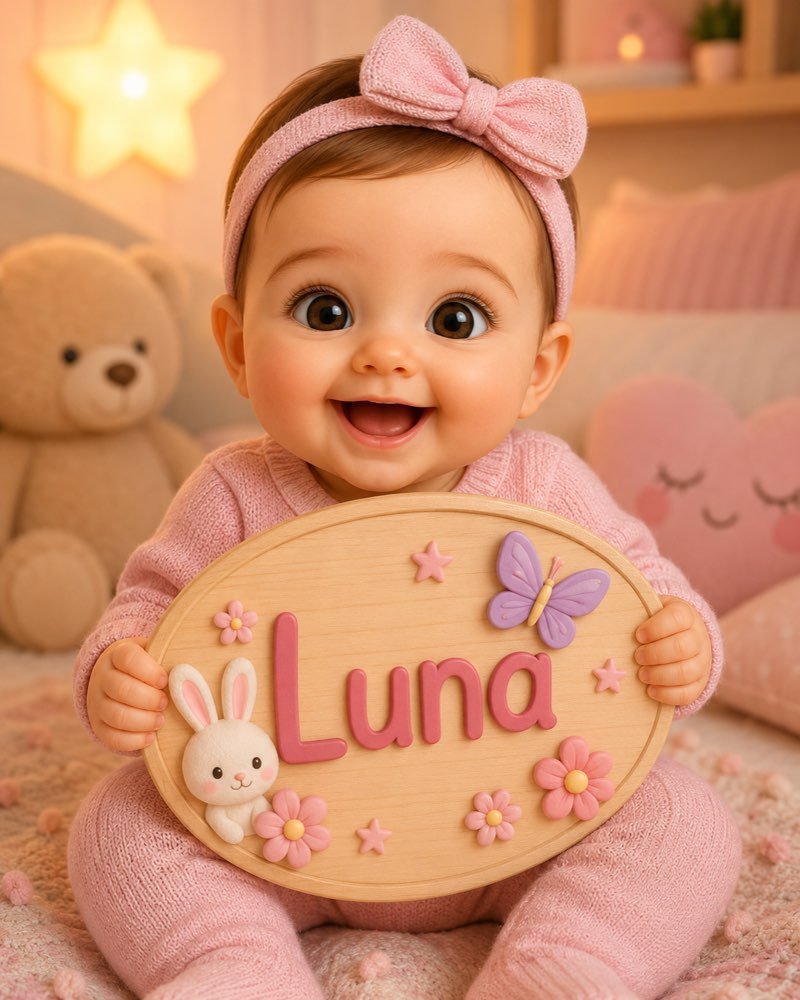 Ilustração de bebê segurando plaquinha com o nome Luna