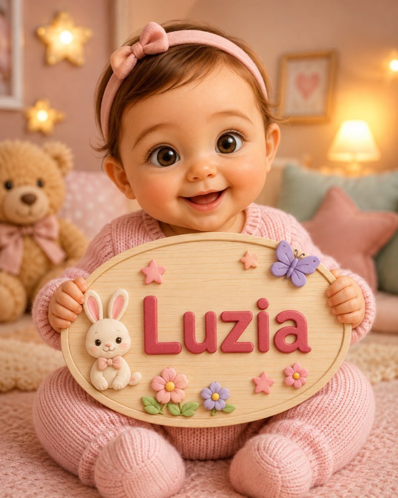 Ilustração de bebê segurando plaquinha com o nome Luzia
