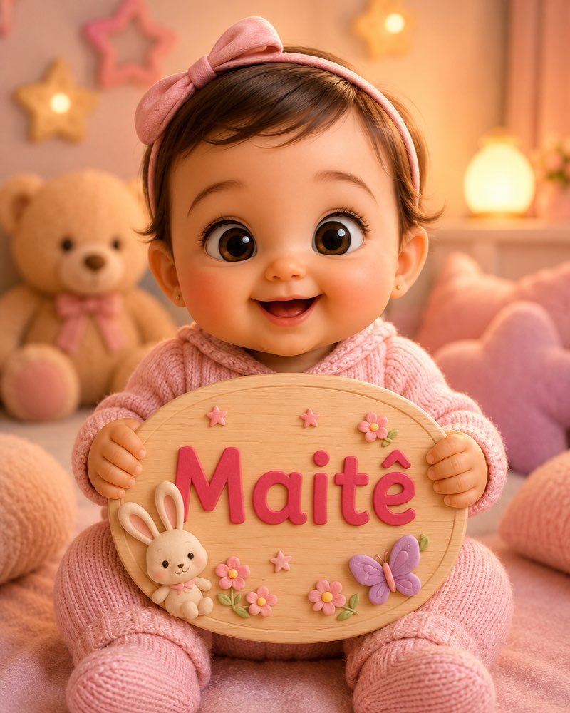 Ilustração de bebê segurando plaquinha com o nome Maitê