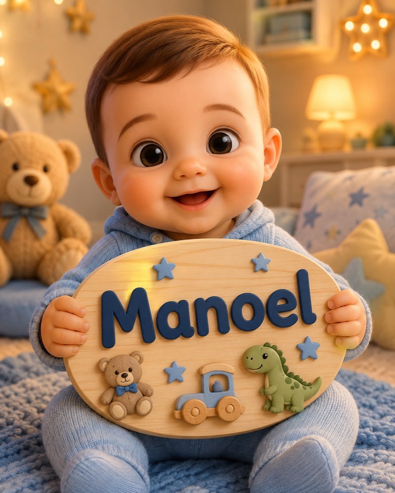 Ilustração de bebê segurando plaquinha com o nome Manoel