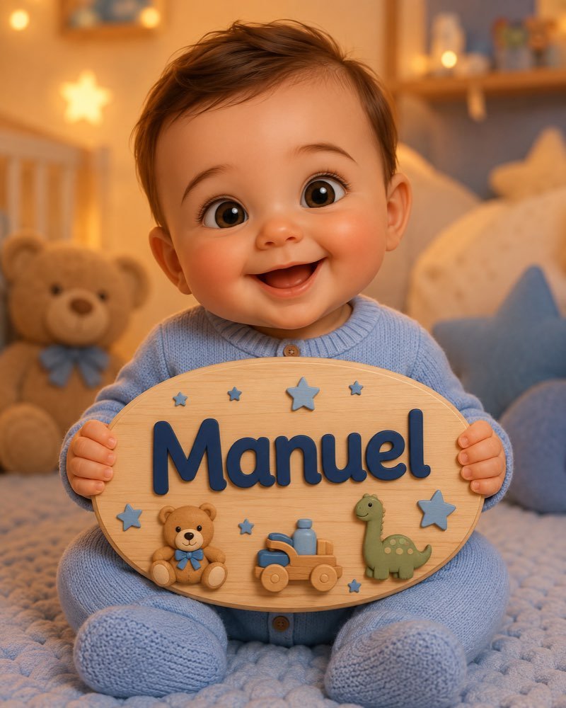 Ilustração de bebê segurando plaquinha com o nome Manuel