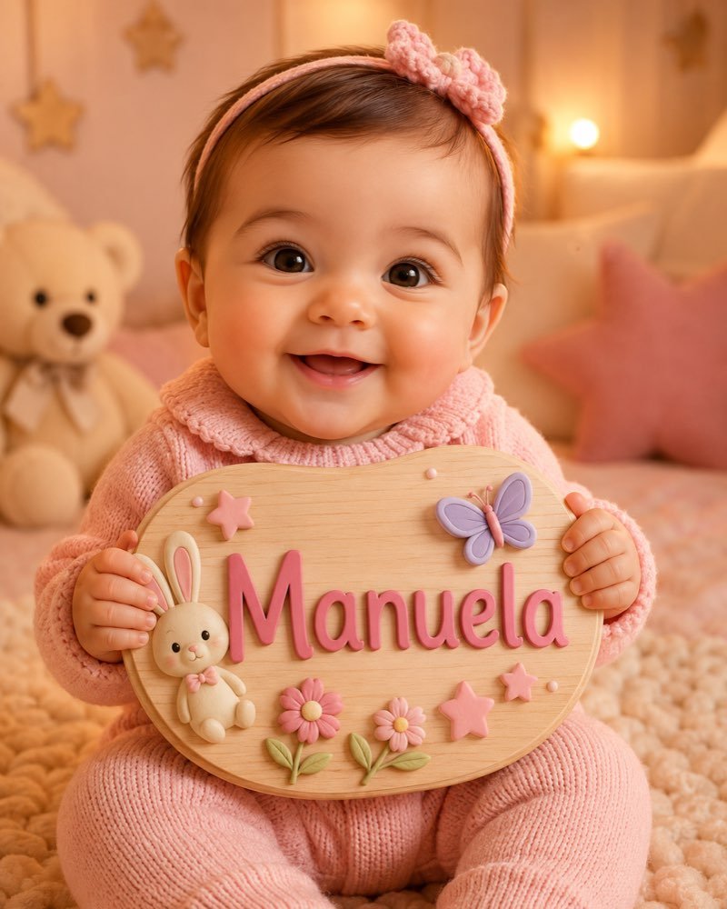 Ilustração de bebê segurando plaquinha com o nome Manuela