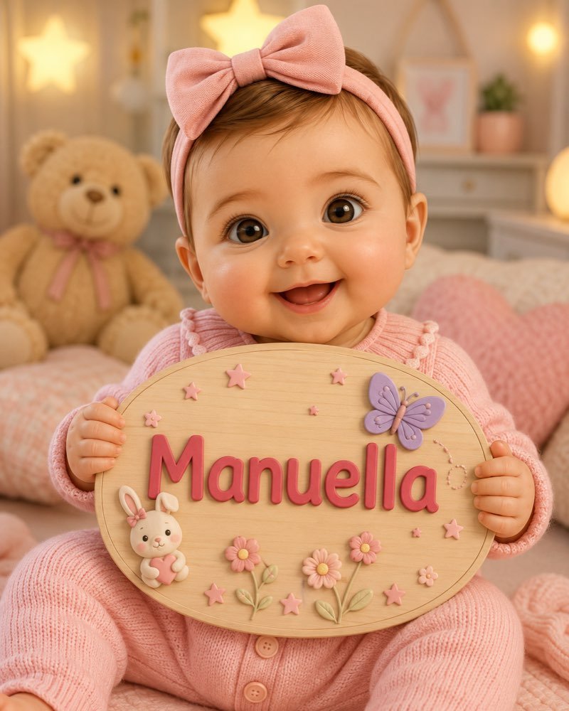 Ilustração de bebê segurando plaquinha com o nome Manuella