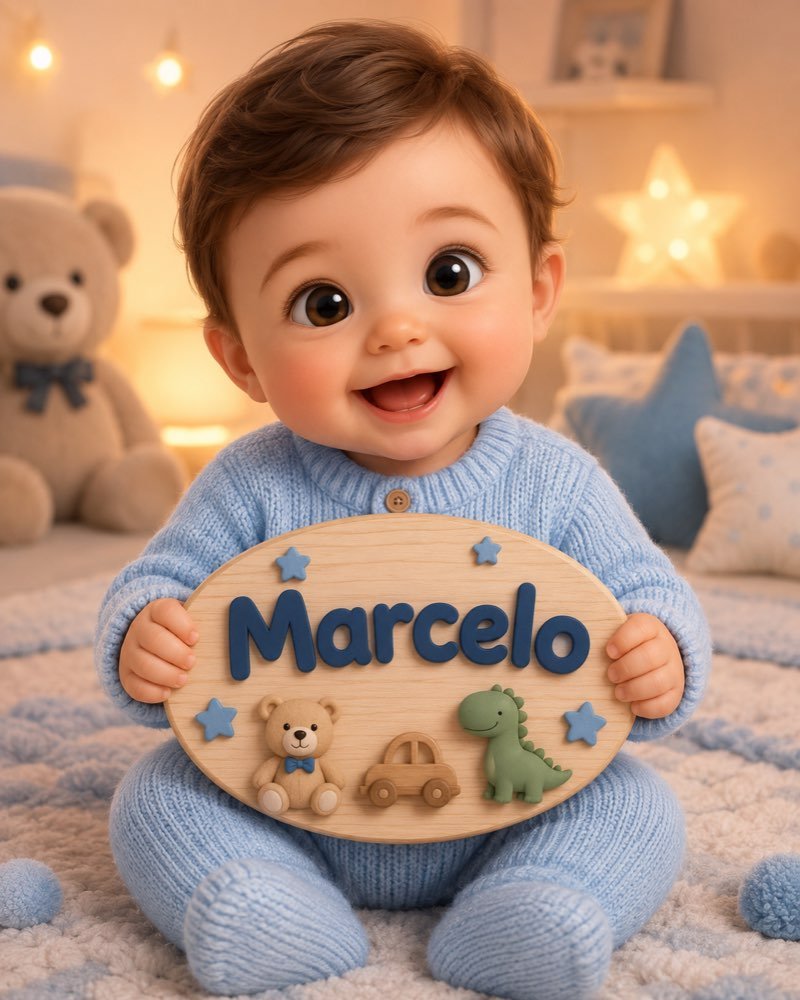 Ilustração de bebê segurando plaquinha com o nome Marcelo