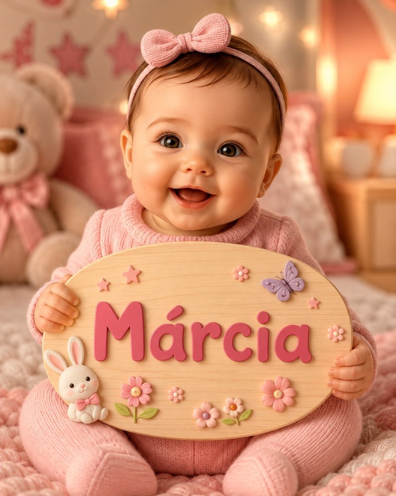 Ilustração de bebê segurando plaquinha com o nome Márcia