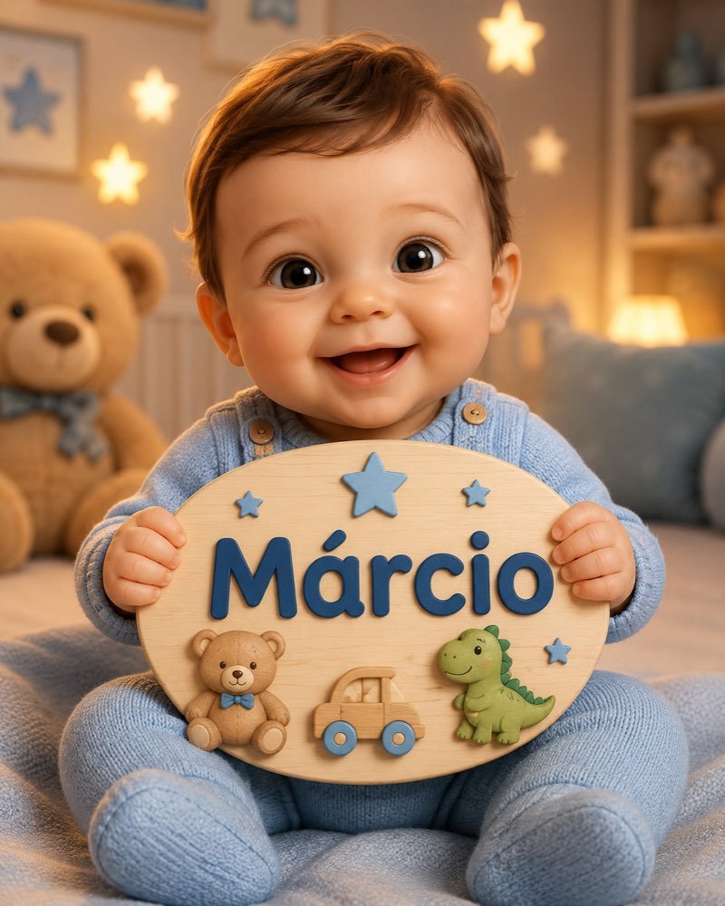Ilustração de bebê segurando plaquinha com o nome Márcio