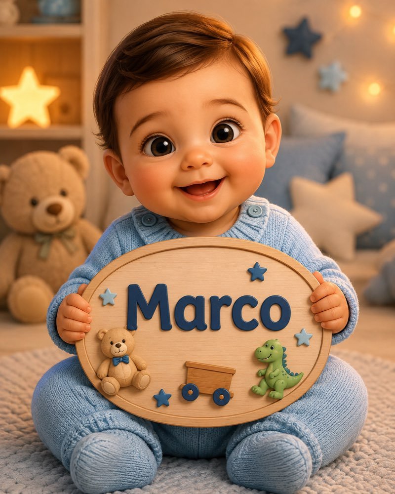 Ilustração de bebê segurando plaquinha com o nome Marco
