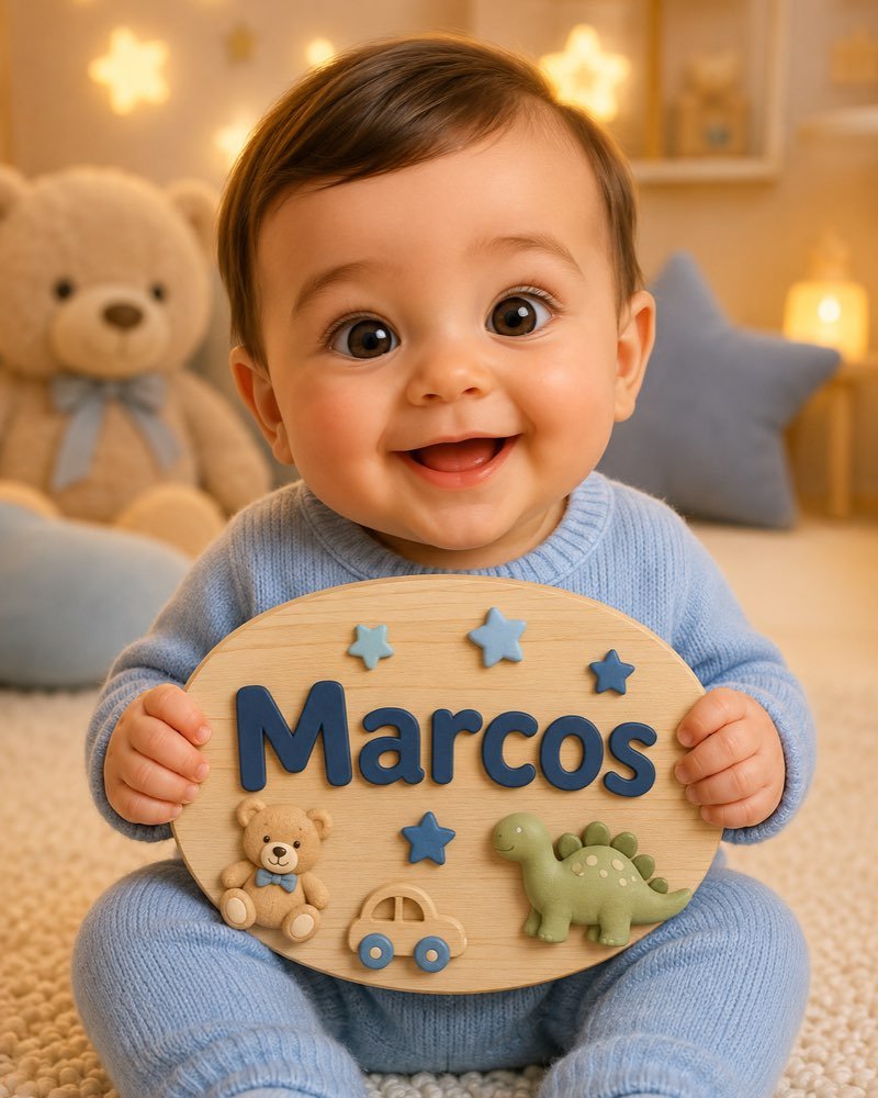 Ilustração de bebê segurando plaquinha com o nome Marcos