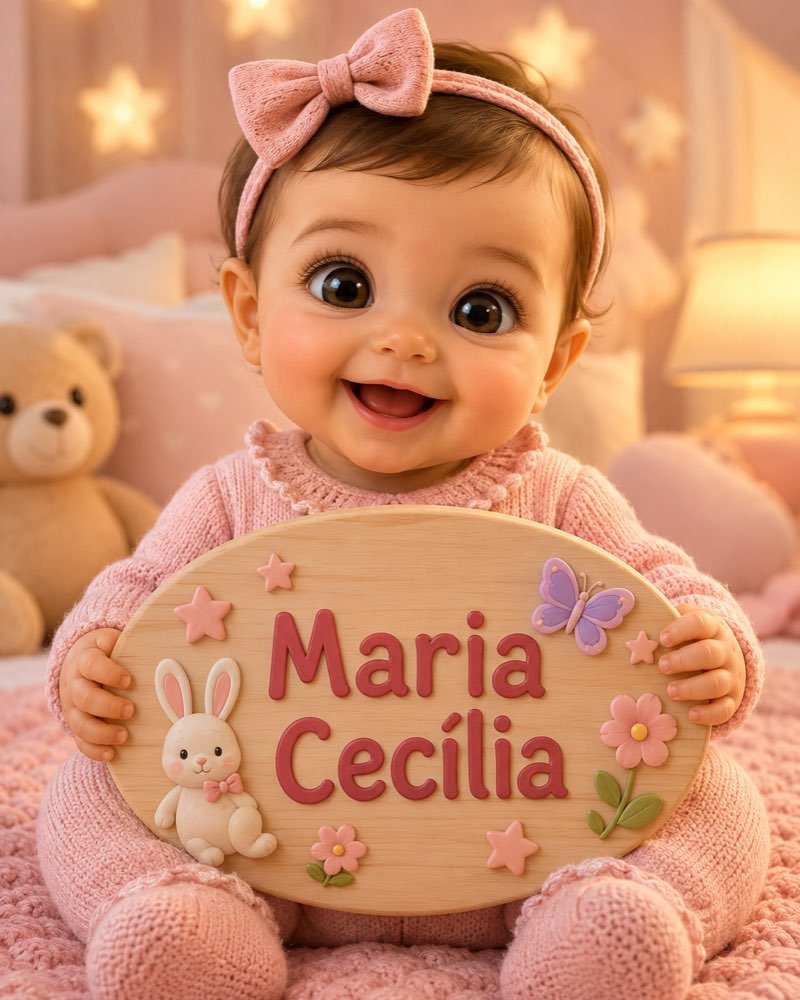 Ilustração de bebê segurando plaquinha com o nome Maria Cecília