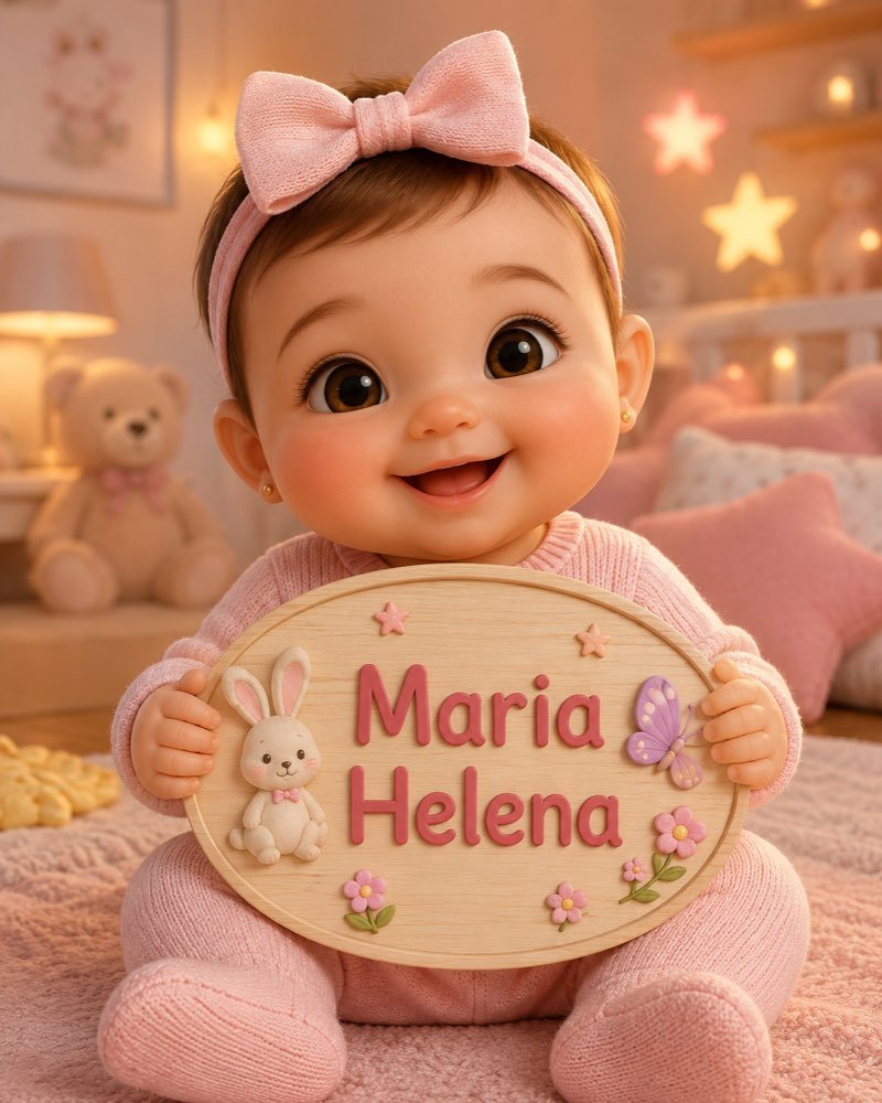 Ilustração de bebê segurando plaquinha com o nome Maria Helena