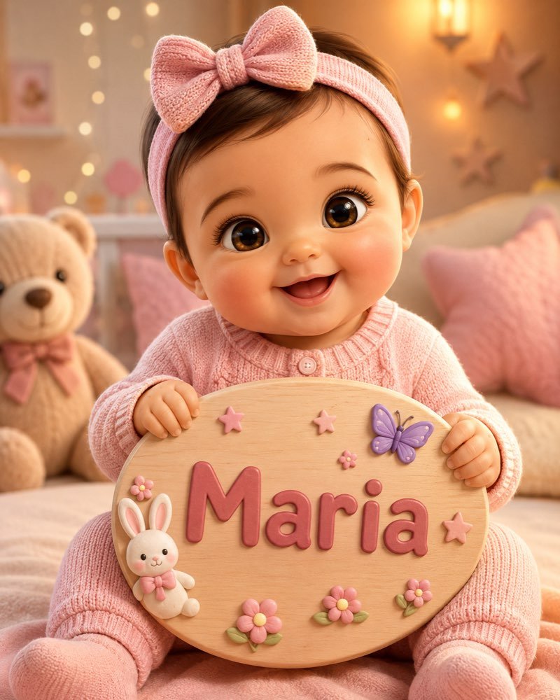 Ilustração de bebê segurando plaquinha com o nome Maria