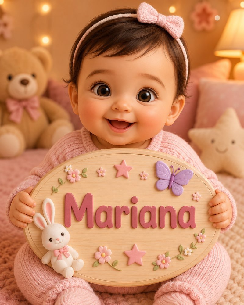 Ilustração de bebê segurando plaquinha com o nome Mariana