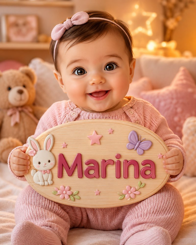 Ilustração de bebê segurando plaquinha com o nome Marina