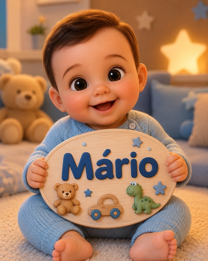 Ilustração de bebê segurando plaquinha com o nome Mário