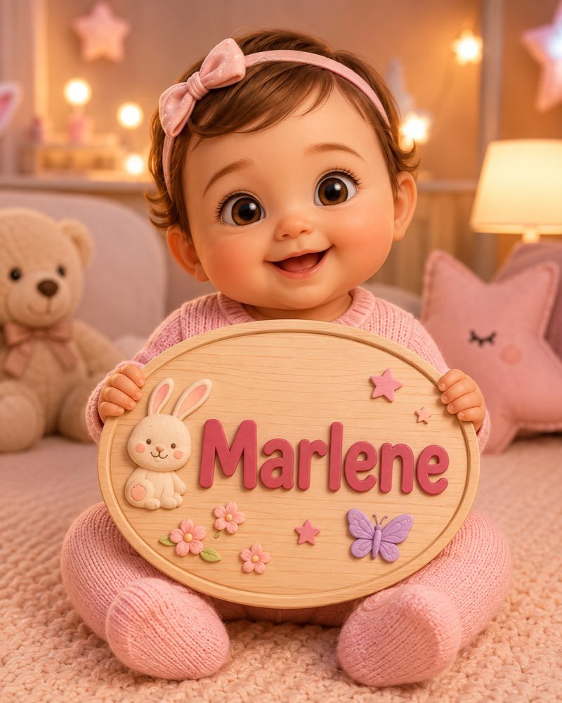 Ilustração de bebê segurando plaquinha com o nome Marlene