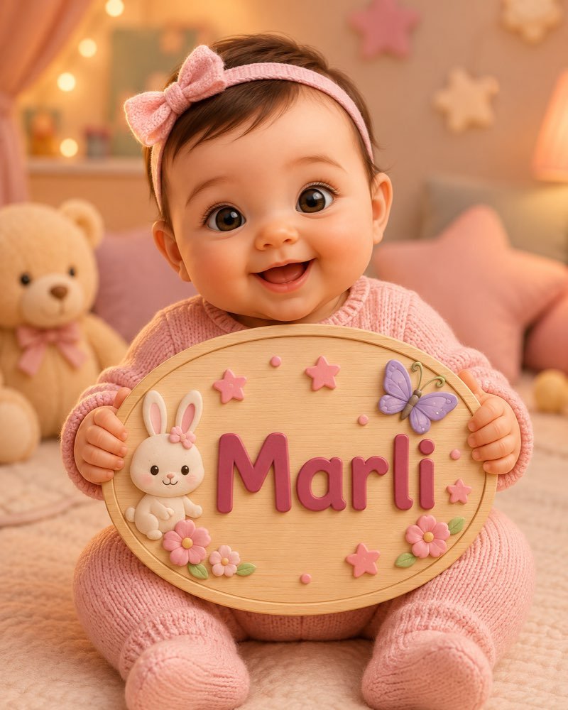 Ilustração de bebê segurando plaquinha com o nome Marli