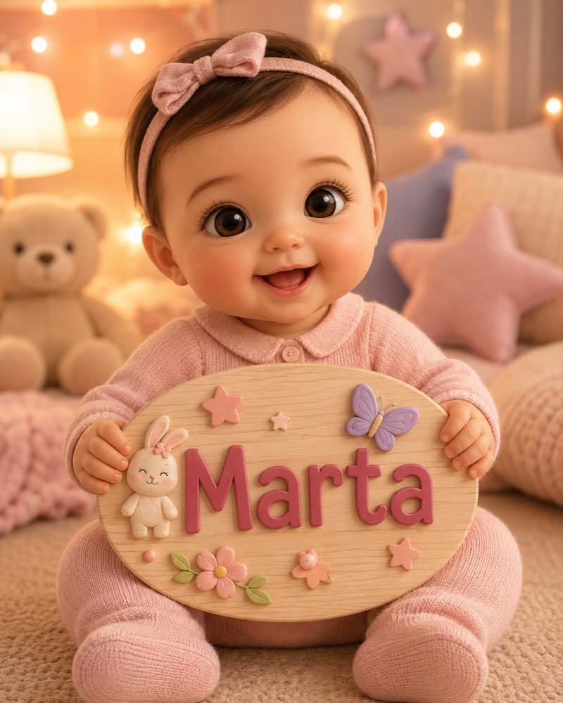 Ilustração de bebê segurando plaquinha com o nome Marta