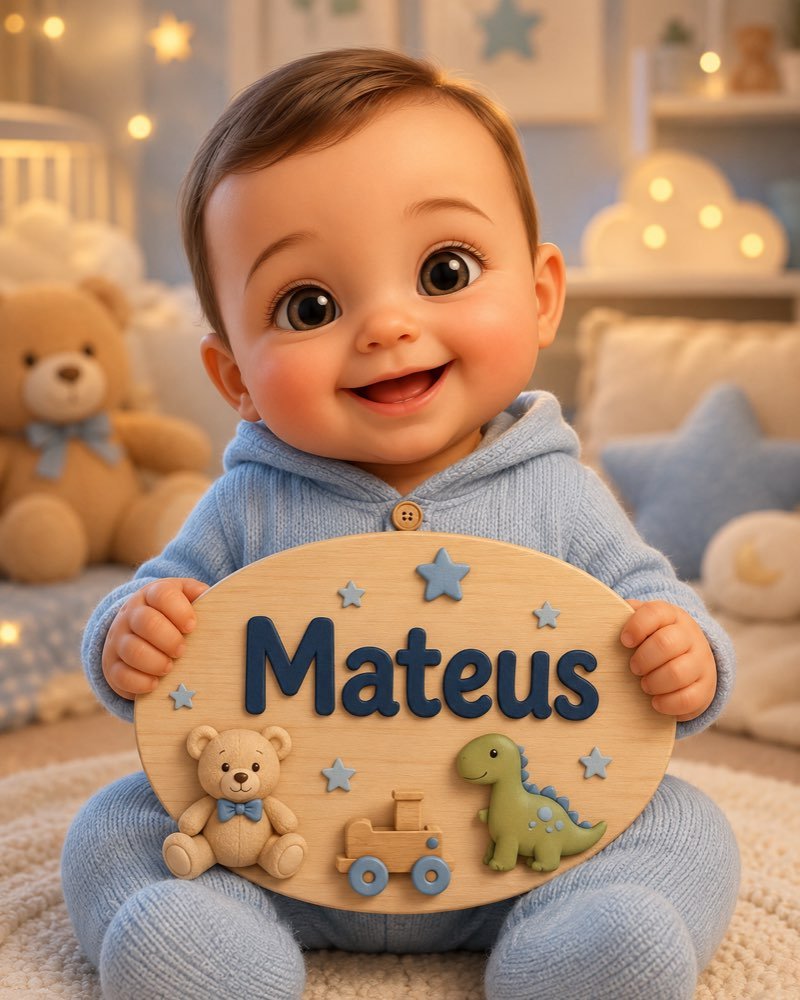 Ilustração de bebê segurando plaquinha com o nome Mateus
