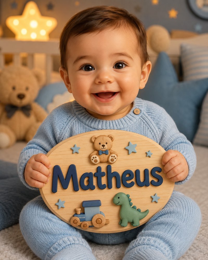 Ilustração de bebê segurando plaquinha com o nome Matheus
