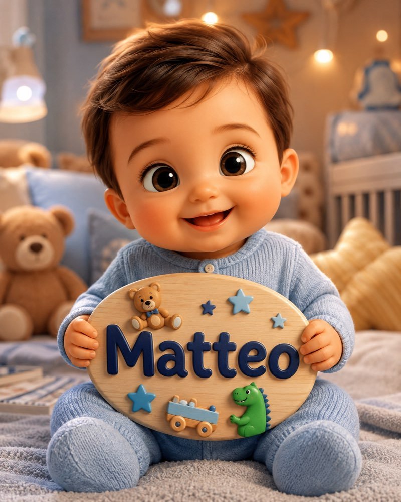 Ilustração de bebê segurando plaquinha com o nome Matteo