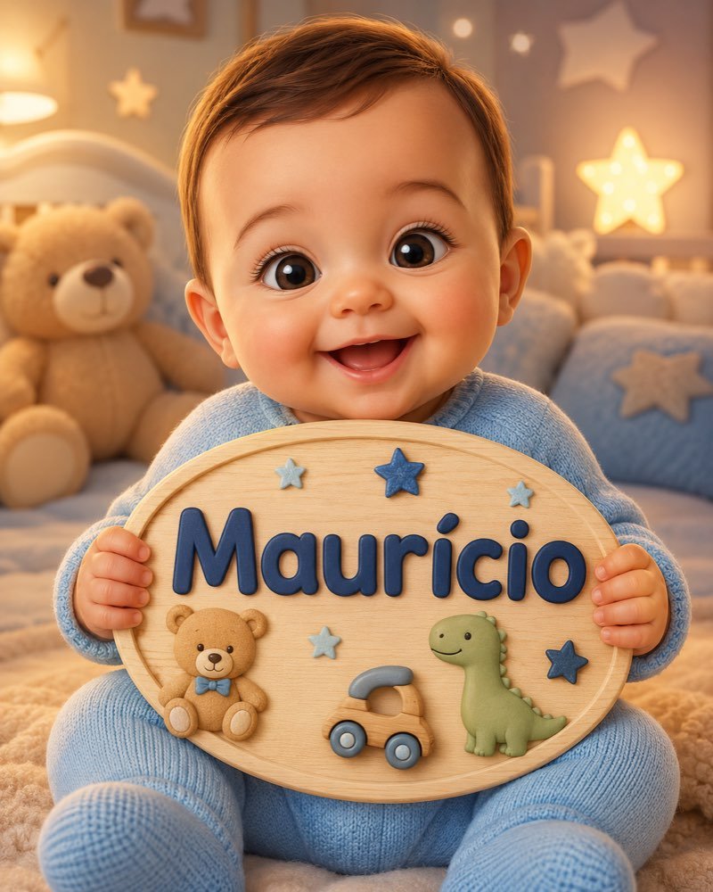 Ilustração de bebê segurando plaquinha com o nome Maurício